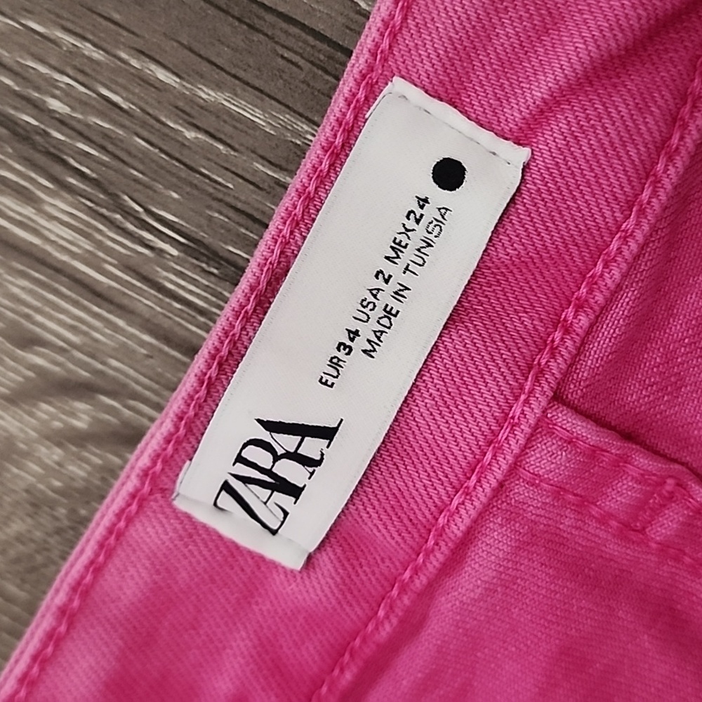 ZARA The Sailor Vibrant Pink Denim Frayed Hem Cropped Jeans Size 2 - Picture 6 of 10